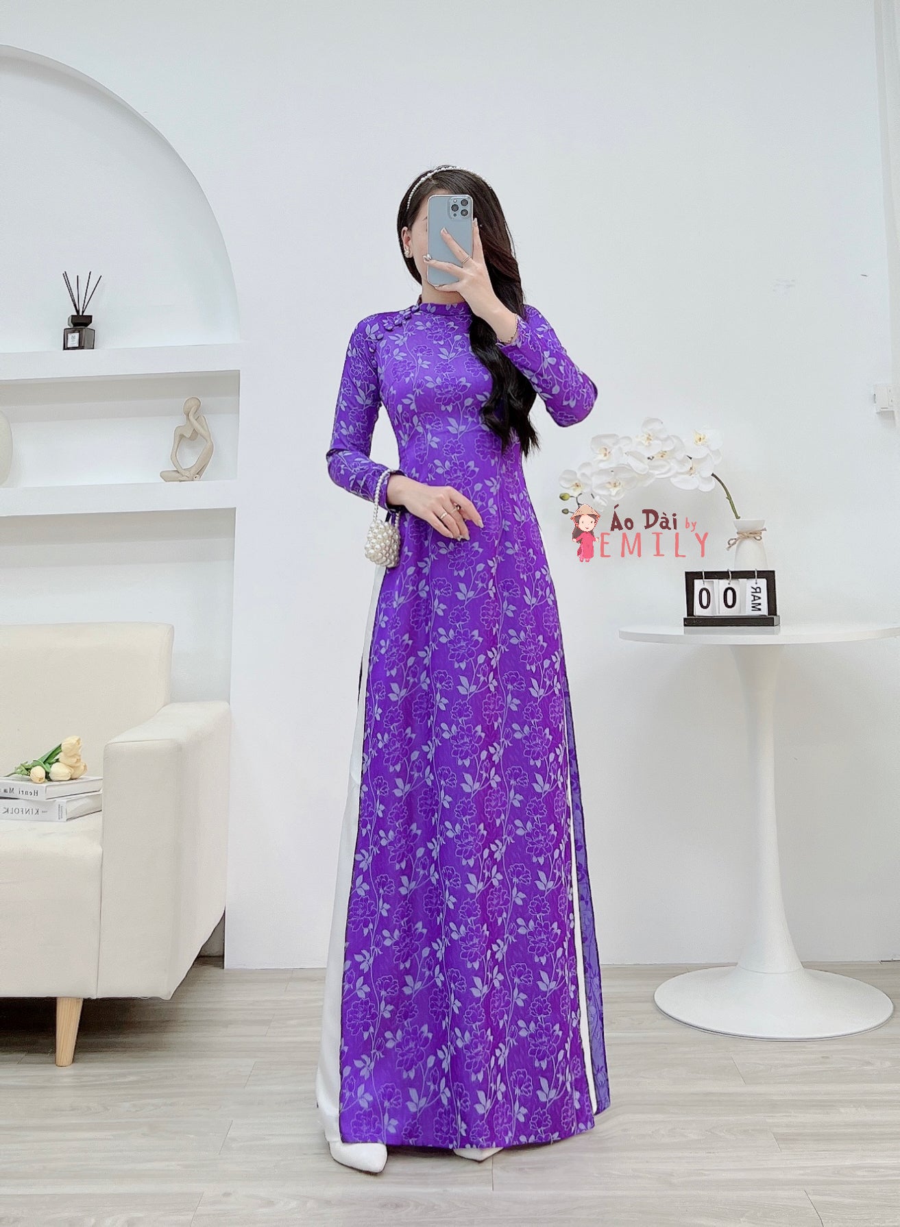 PRIMROSE Ao dài gấm | Purple Pre made ao dai Vietnam with buttons