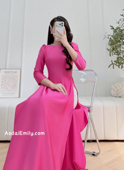 Plain traditional Ao dài with round pearls collar and puffy sleeves