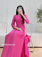 ERIN Plain traditional Ao dài with round pearls collar and puffy sleeves