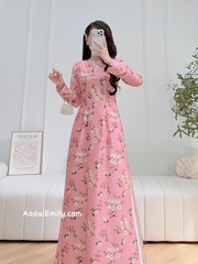 Pink Printed flowers pattern Pre made ao dai