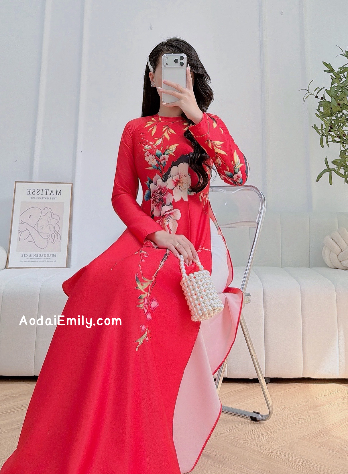 Red printed TET pattern Pre made ao dai