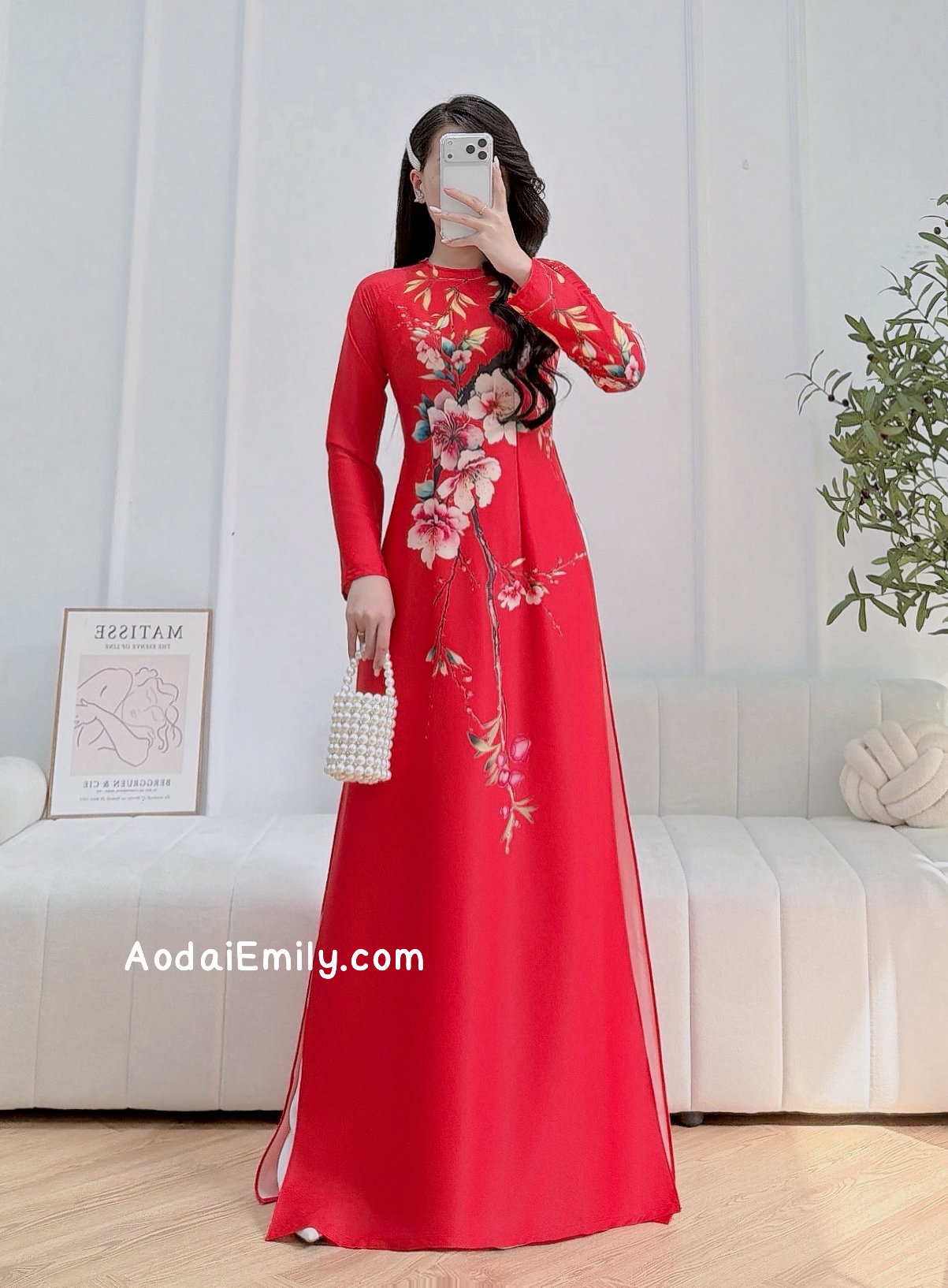 Red printed TET pattern Pre made ao dai