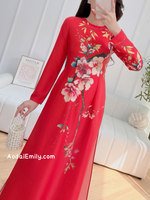 NOLA Red printed TET pattern Pre made ao dai