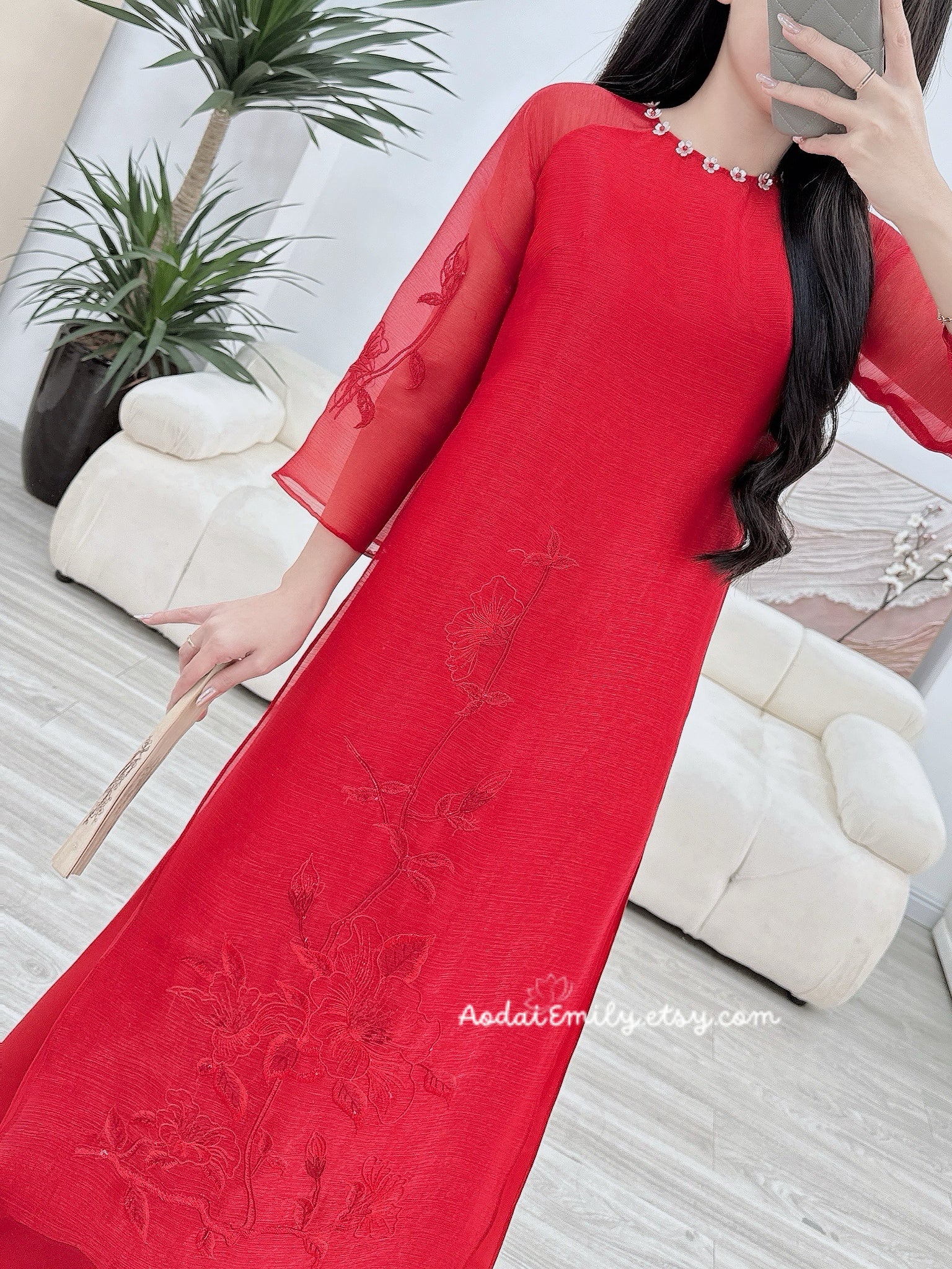 Double layers modern Red ao dai with embroidery pattern
