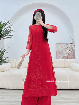 JOLENE Double layers modern Red ao dai with embroidery pattern