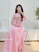 Pink Matching Mom & Girl Ao Dai with Embroidery patterns