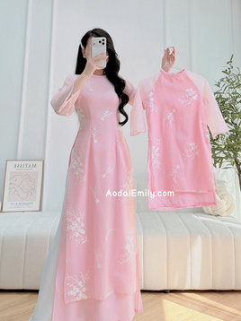 Pink Matching Mom & Girl Ao Dai with Embroidery patterns