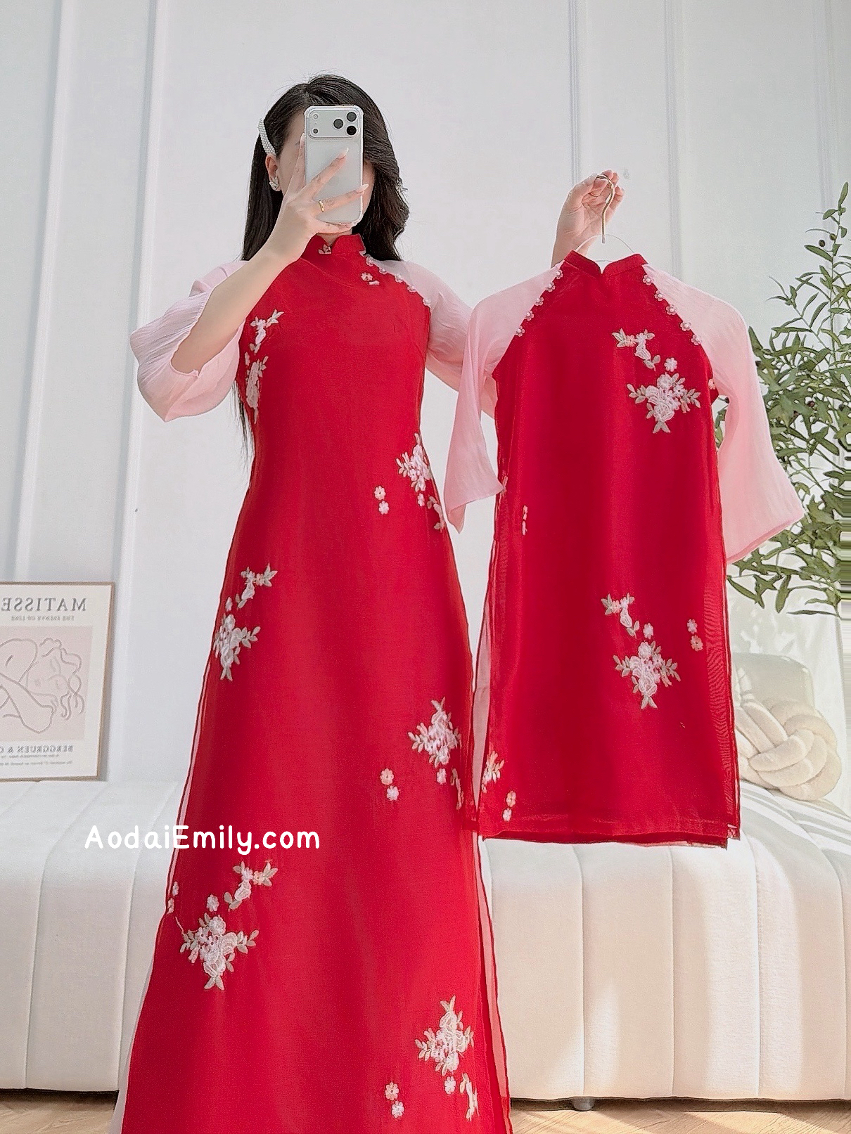 Red/Pink Matching Mom & Girl Ao Dai with Embroidery