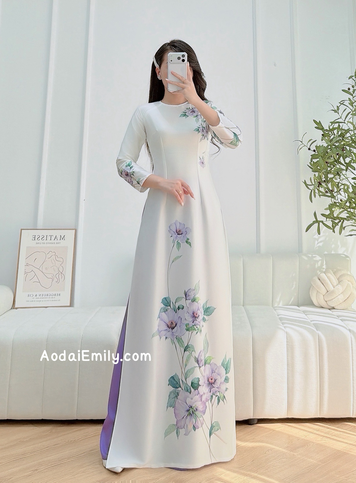 White/ purple Printed flowers pattern Pre made ao dai for women