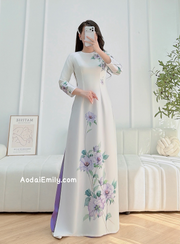 White/ purple Printed flowers pattern Pre made ao dai for women