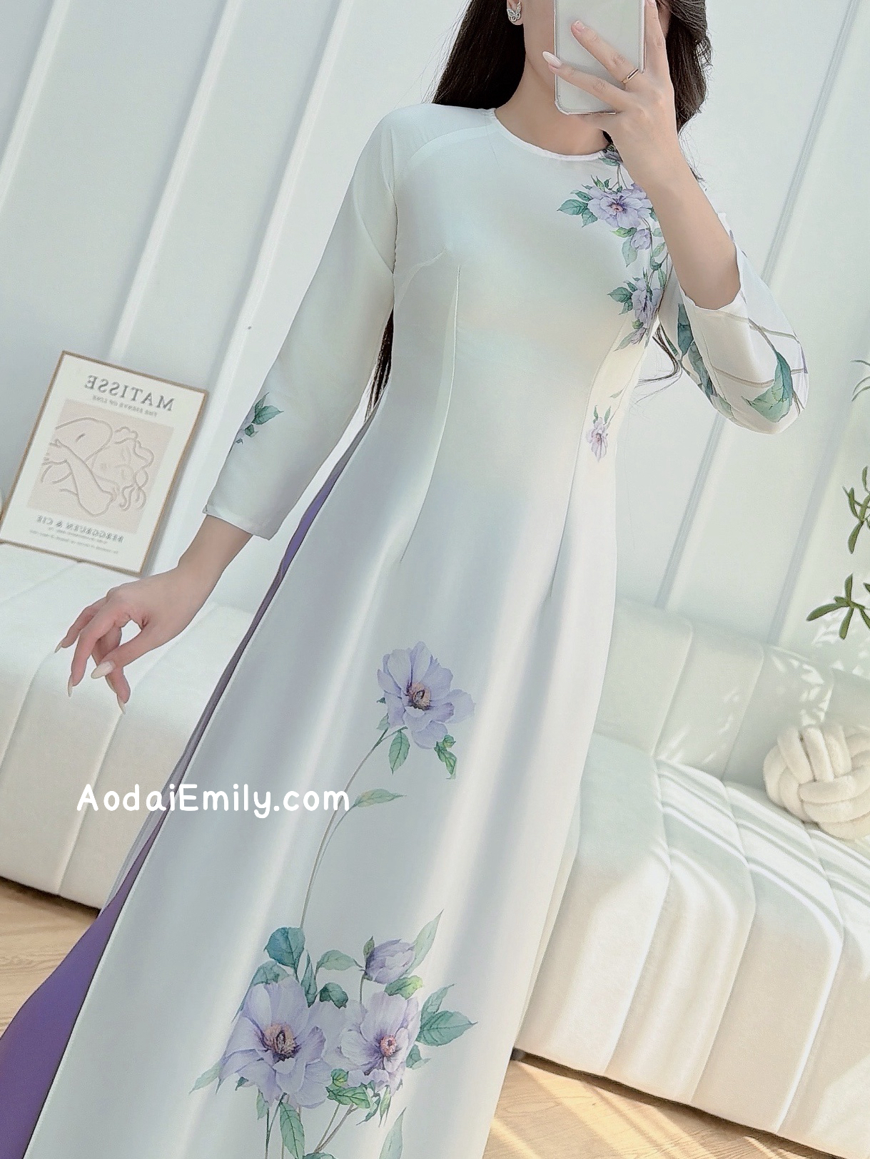 White/ purple Printed flowers pattern Pre made ao dai for women