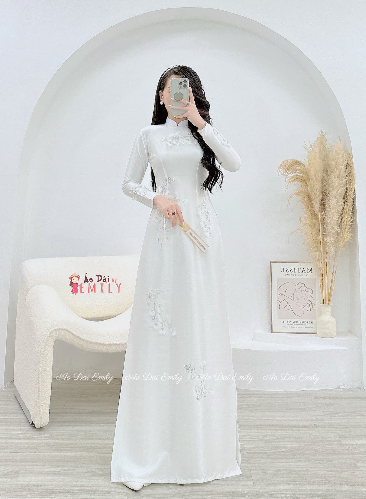 White Lily flowers with crystals Pre made ao dai|  Balloon flower