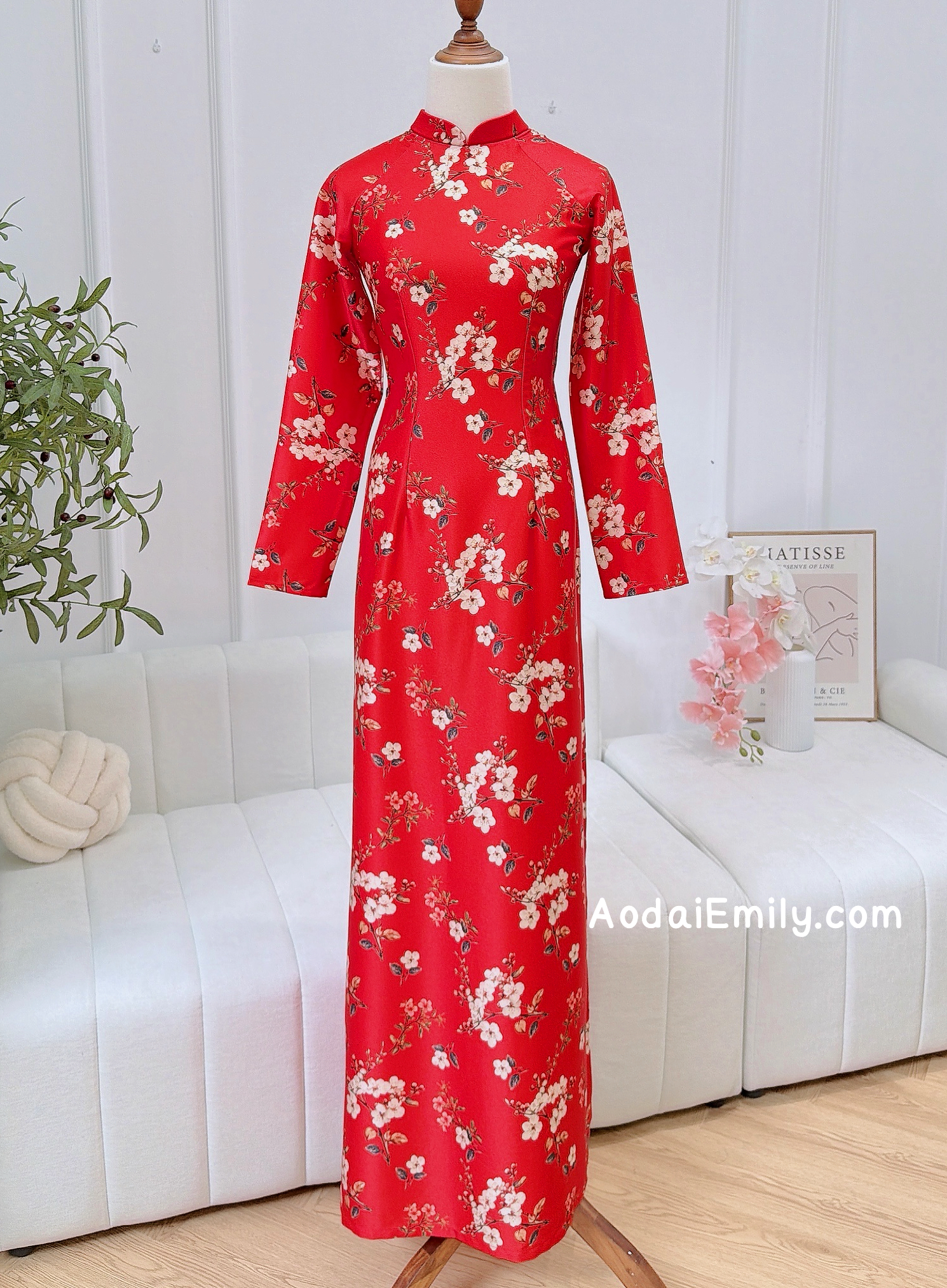 Red Printed flowers pattern Pre made ao dai