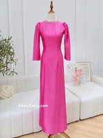 ERIN Plain traditional Ao dài with round pearls collar and puffy sleeves