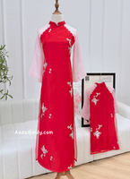 KYLEE Red/Pink Matching Mom & Girl Ao Dai with Embroidery