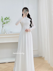 Ao dai with designed crystals, pearls and 3D flowers