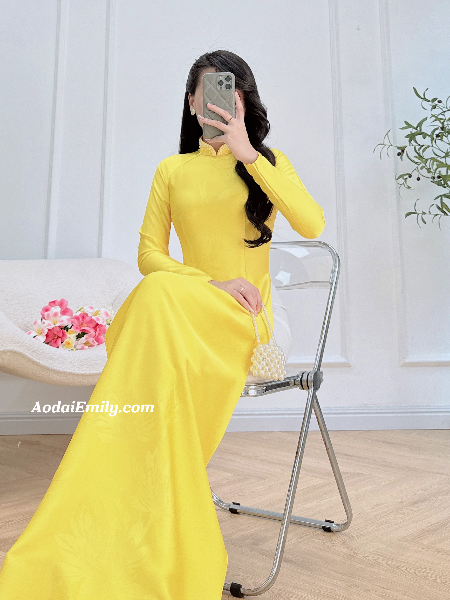 Yellow ao dai with simple crystals rhinestone