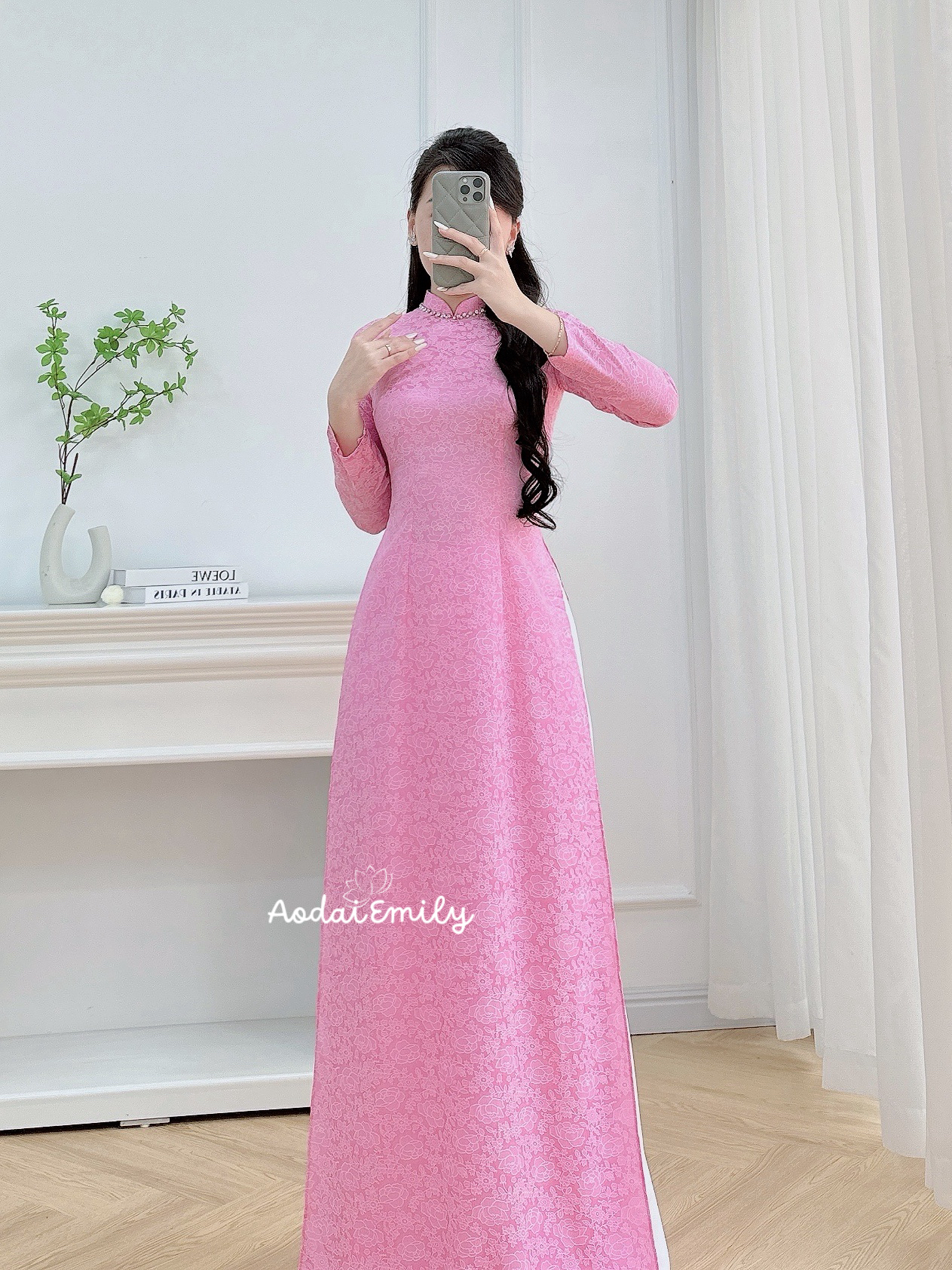Pre made traditional Pink ao dai with crystals collar