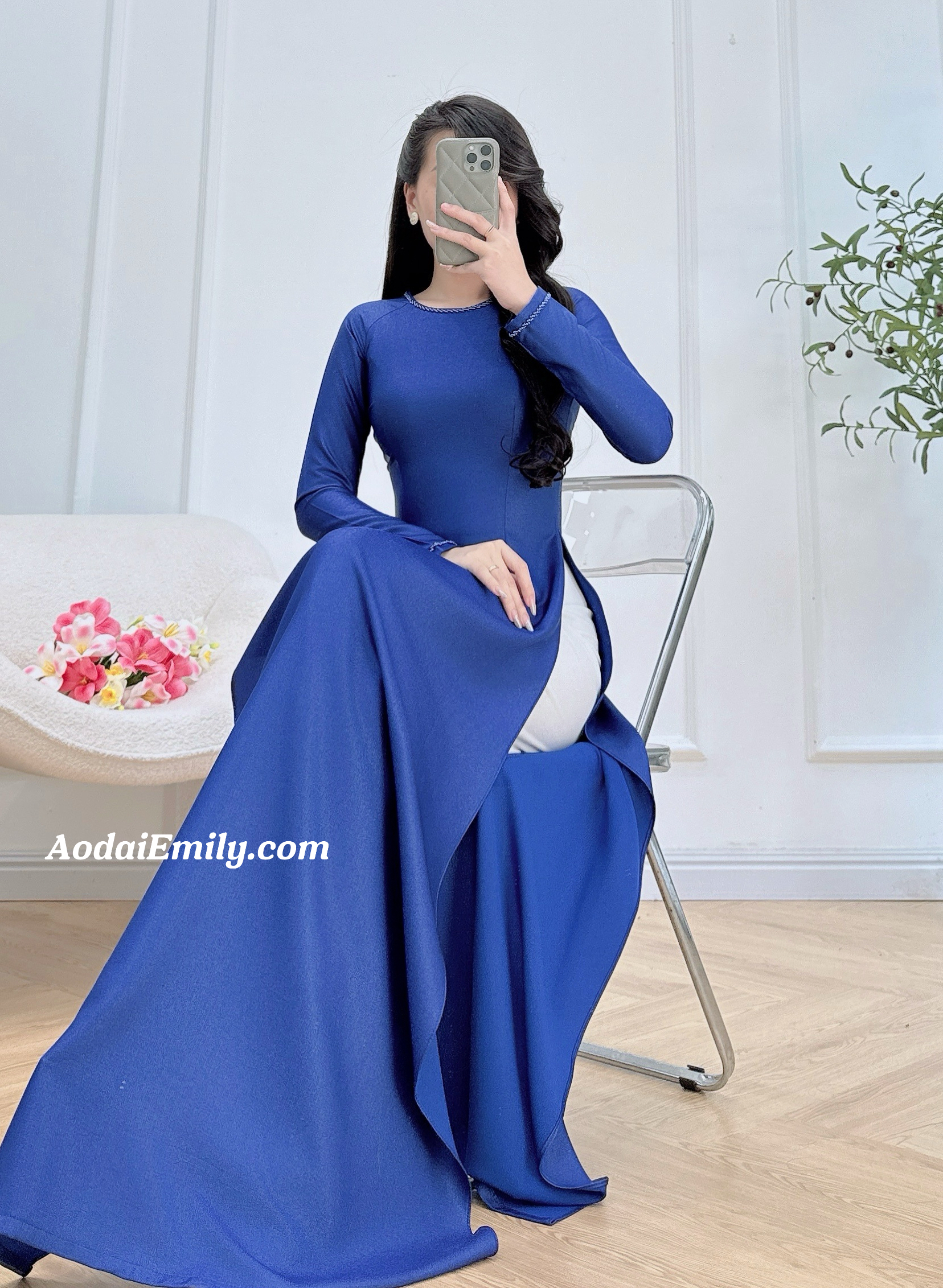 Blue ao dai with simple beading crystals