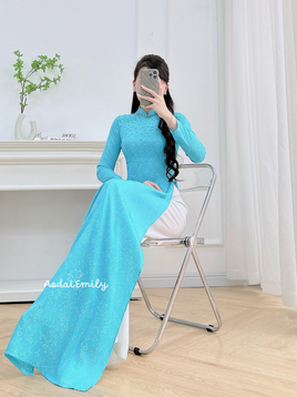 DOVIE blue Pre made ao dai Vietnam with hand beading crystals collar