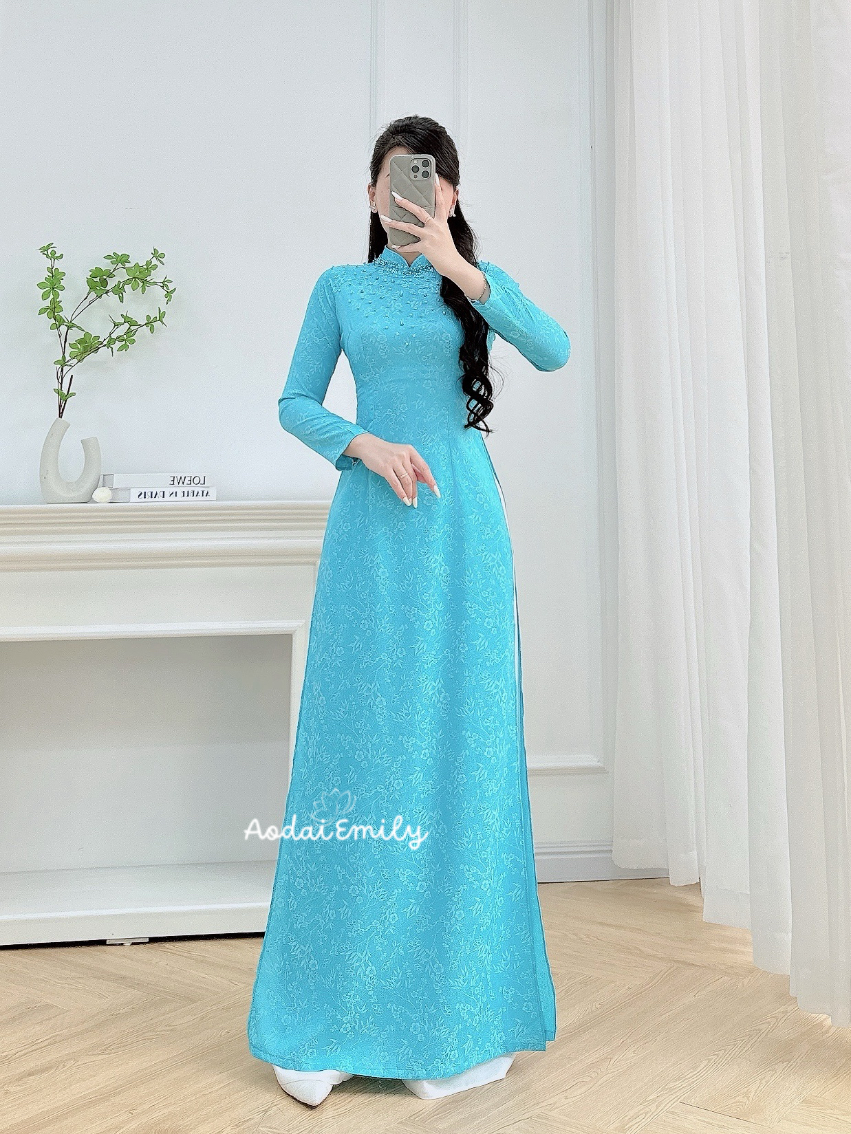 blue Pre made ao dai Vietnam with hand beading crystals collar