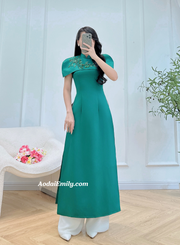 Modern green taffeta ao dai with hand beading crystals flowers