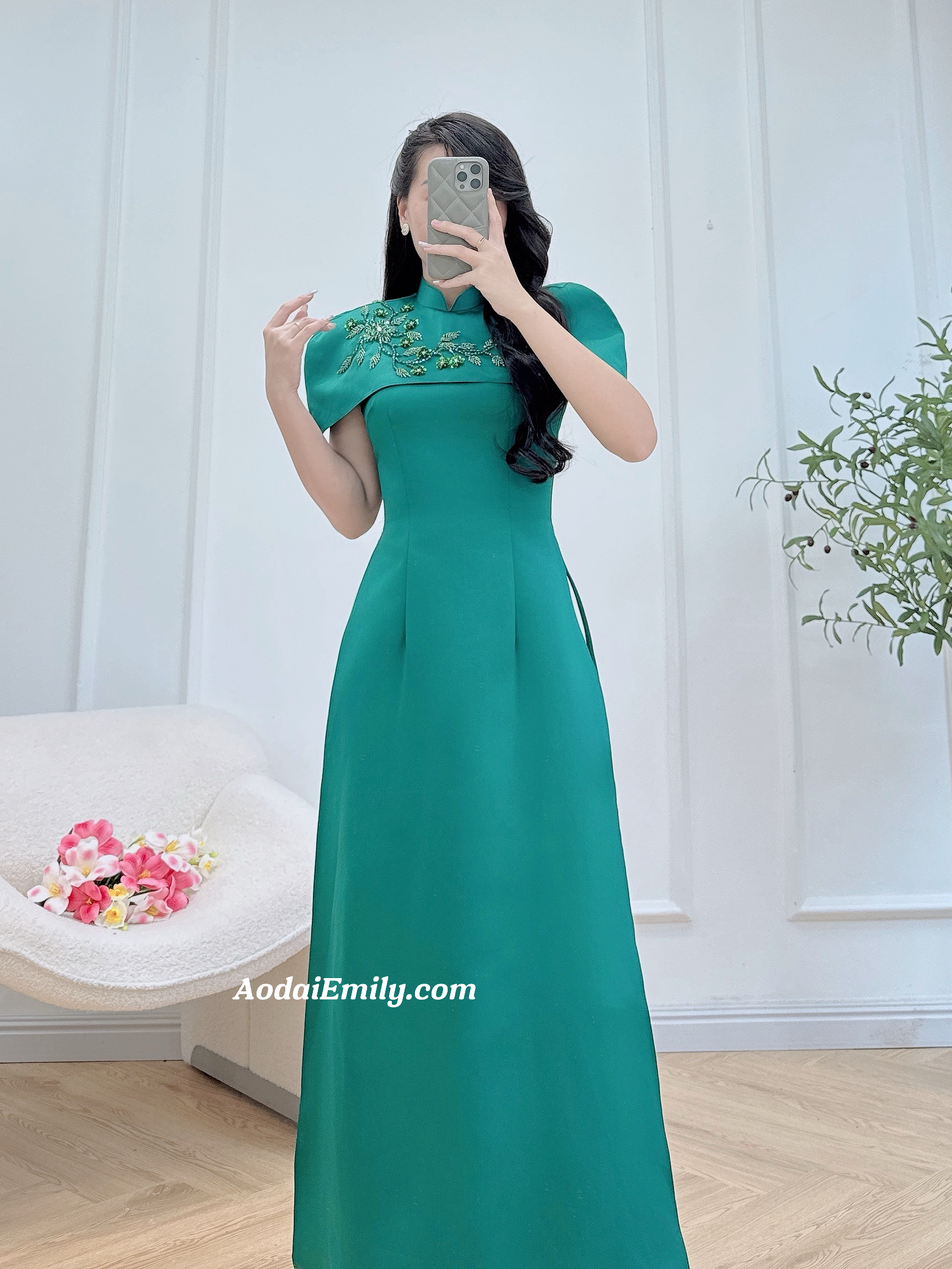 Modern green taffeta ao dai with hand beading crystals flowers
