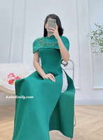 ANA Modern green taffeta ao dai with hand beading crystals flowers