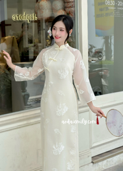 Cream Cutie bows with pearls modern embroidery ao dai