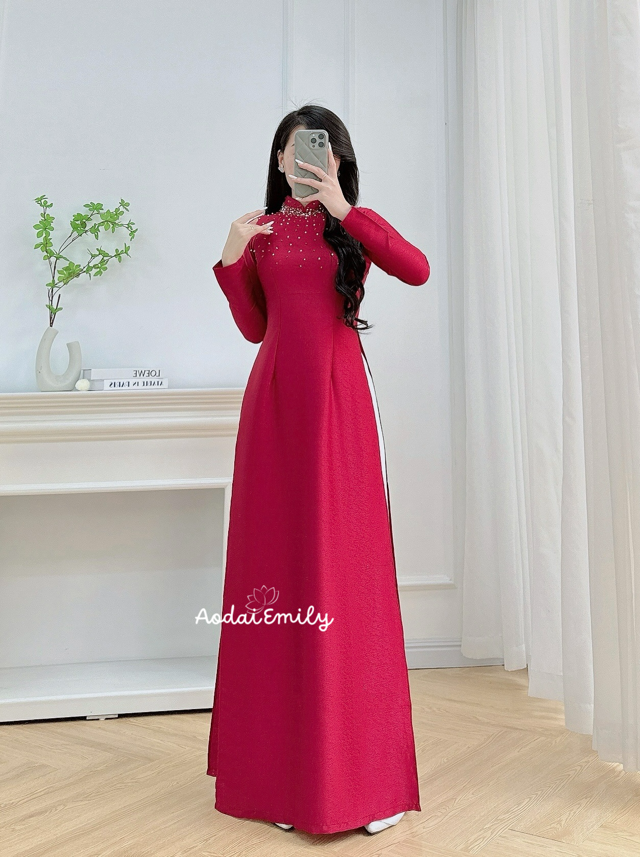 Burgundy Ao dai with crystals collar