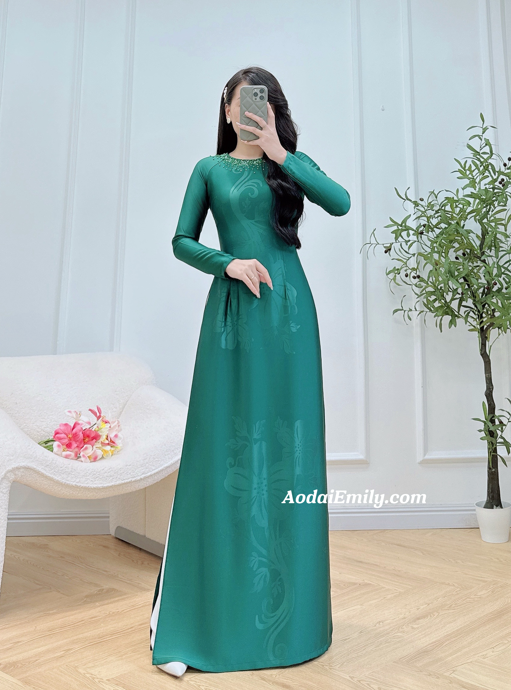 Dark Green ao dai with simple crystals rhinestones
