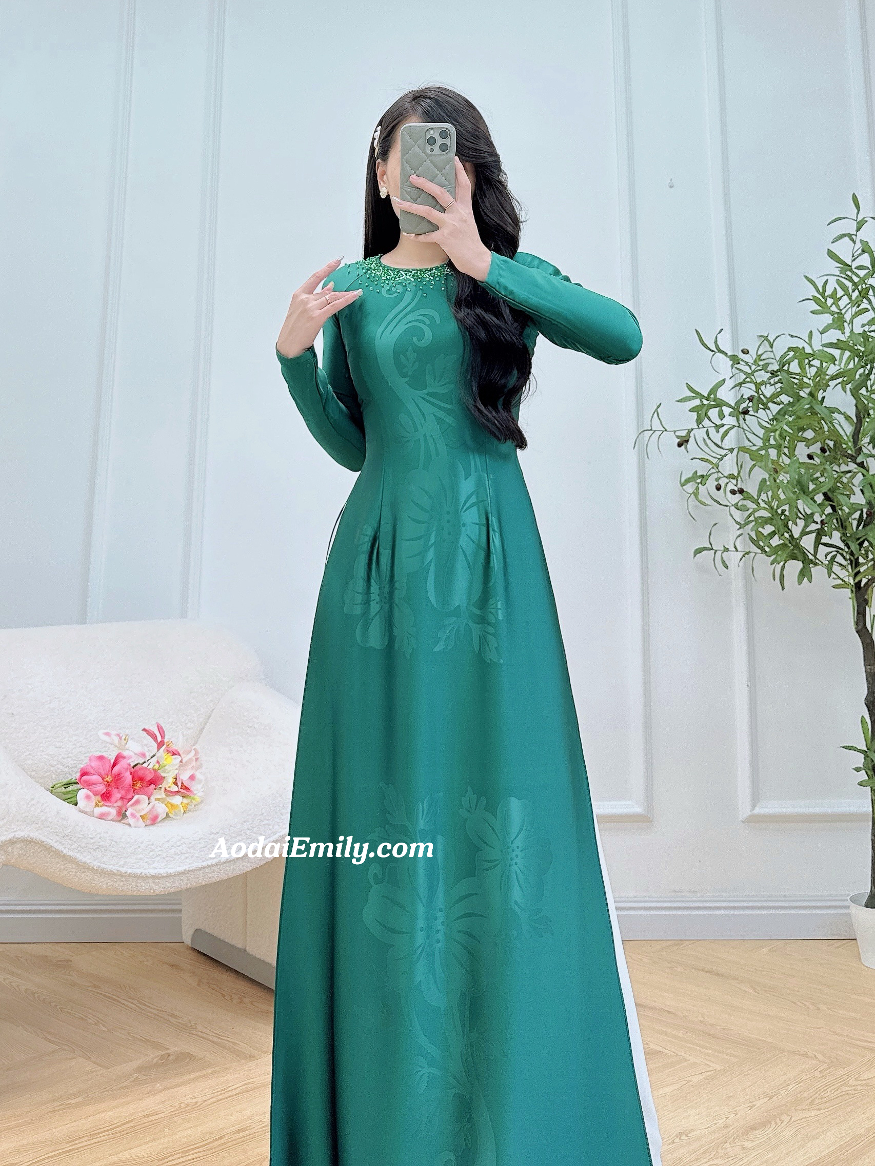Dark Green ao dai with simple crystals rhinestones