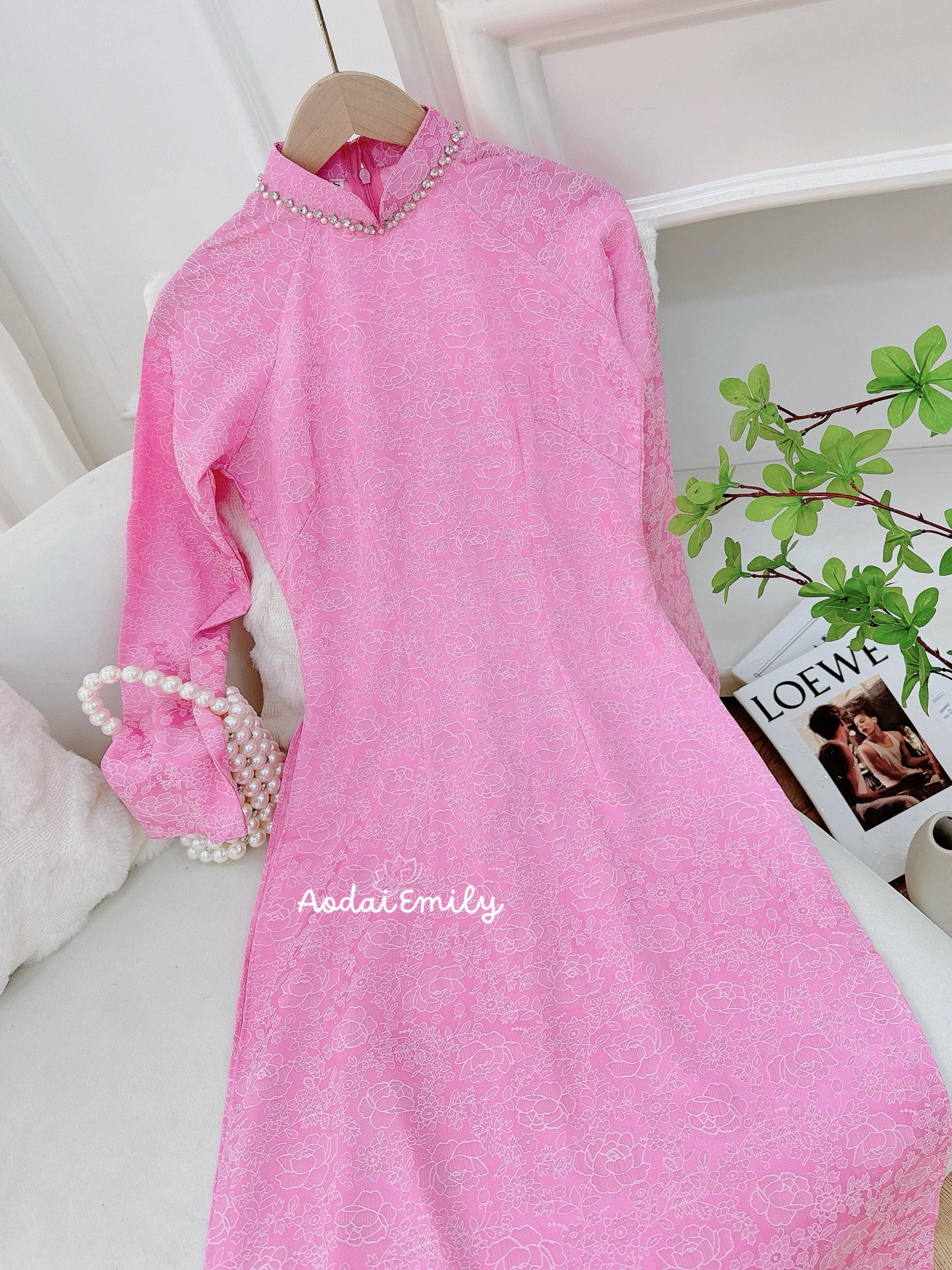 Pre made traditional Pink ao dai with crystals collar