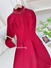 Burgundy Ao dai with crystals collar