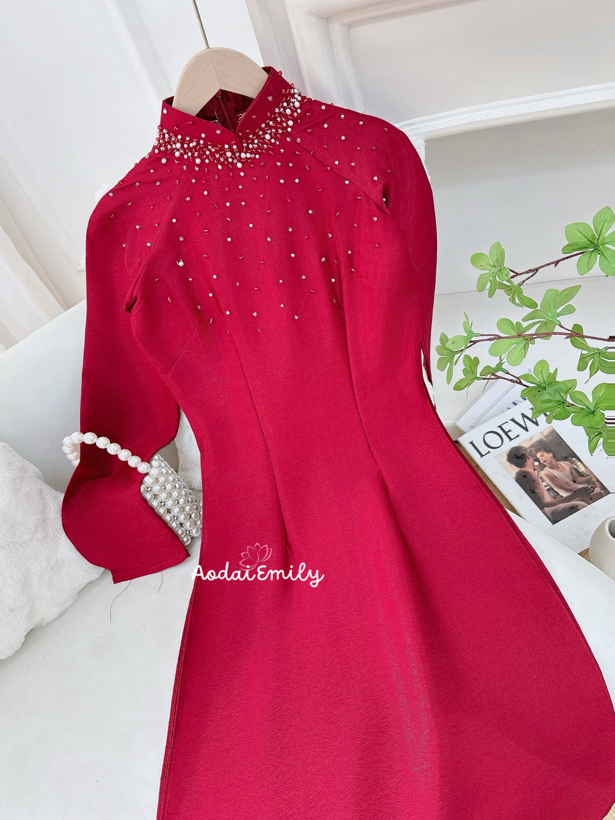 Burgundy Ao dai with crystals collar