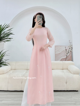 KAYLEE Round collar Pink modern ao dai with embroidery flowers