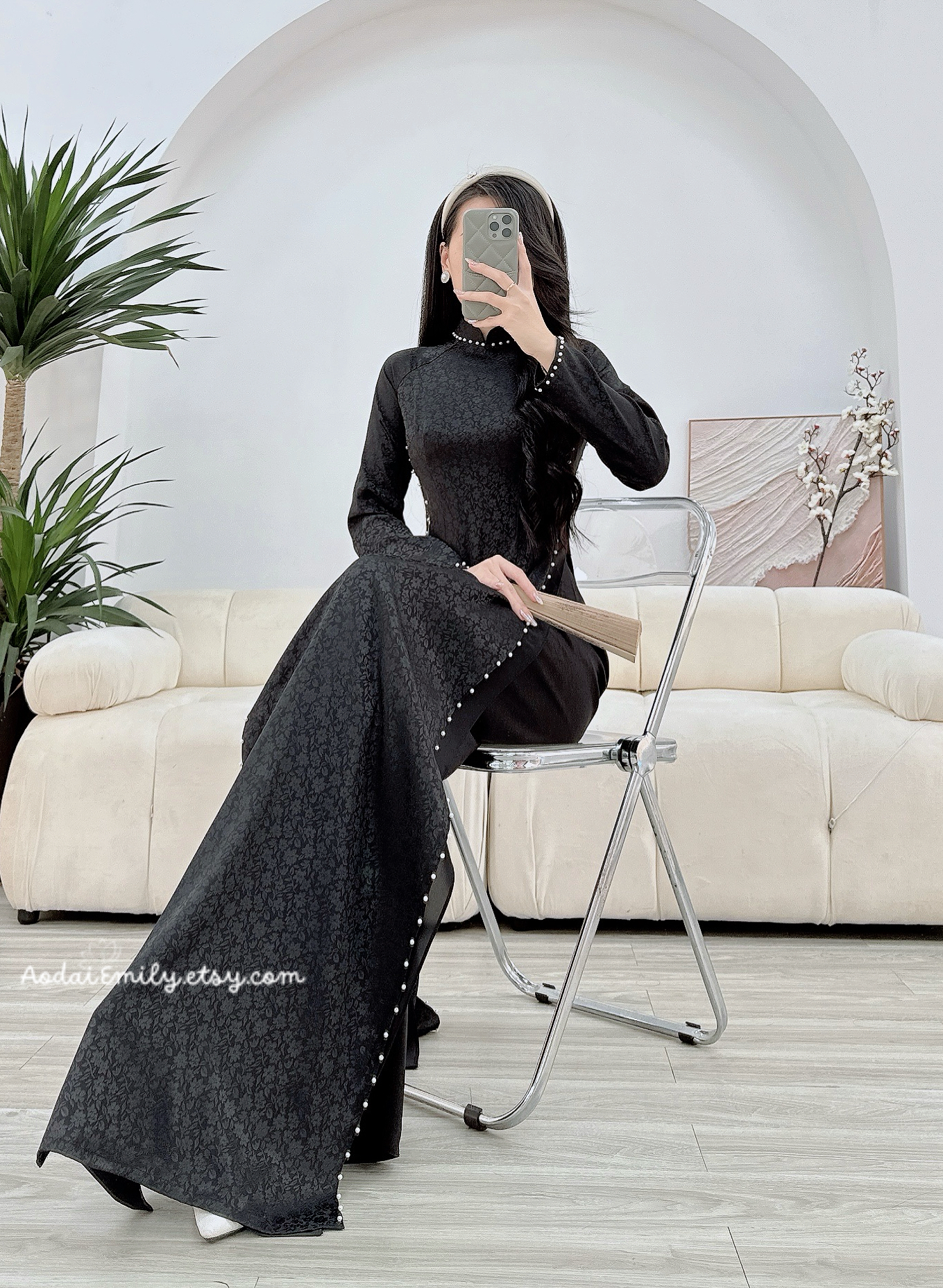Black ao dai set with pearls