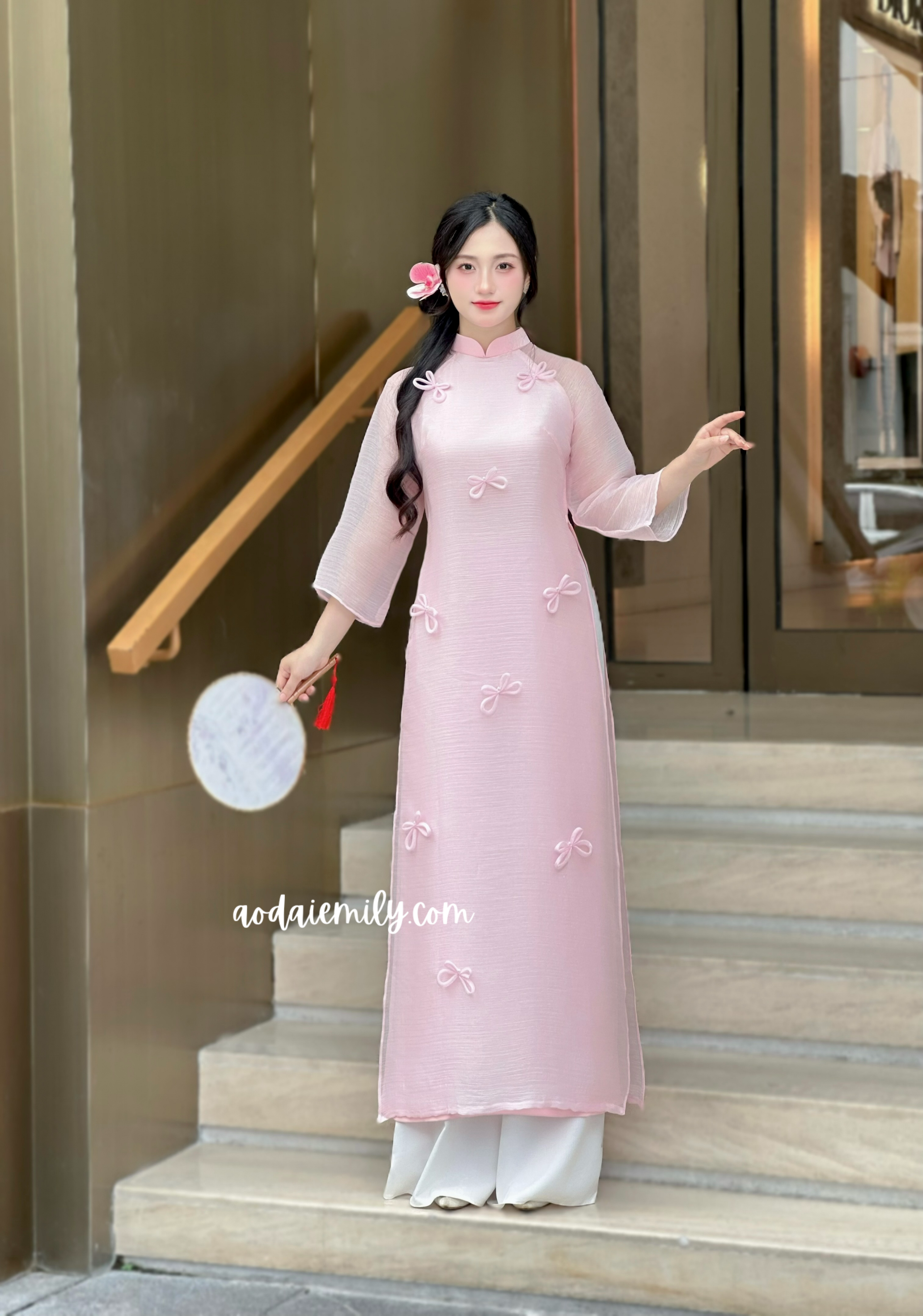 Pink Cutie bows with pearls modern ao dai