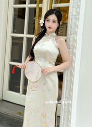 Beige Sleeveless Taffeta Spring patterns Pre made ao dai| Black eyed Susan