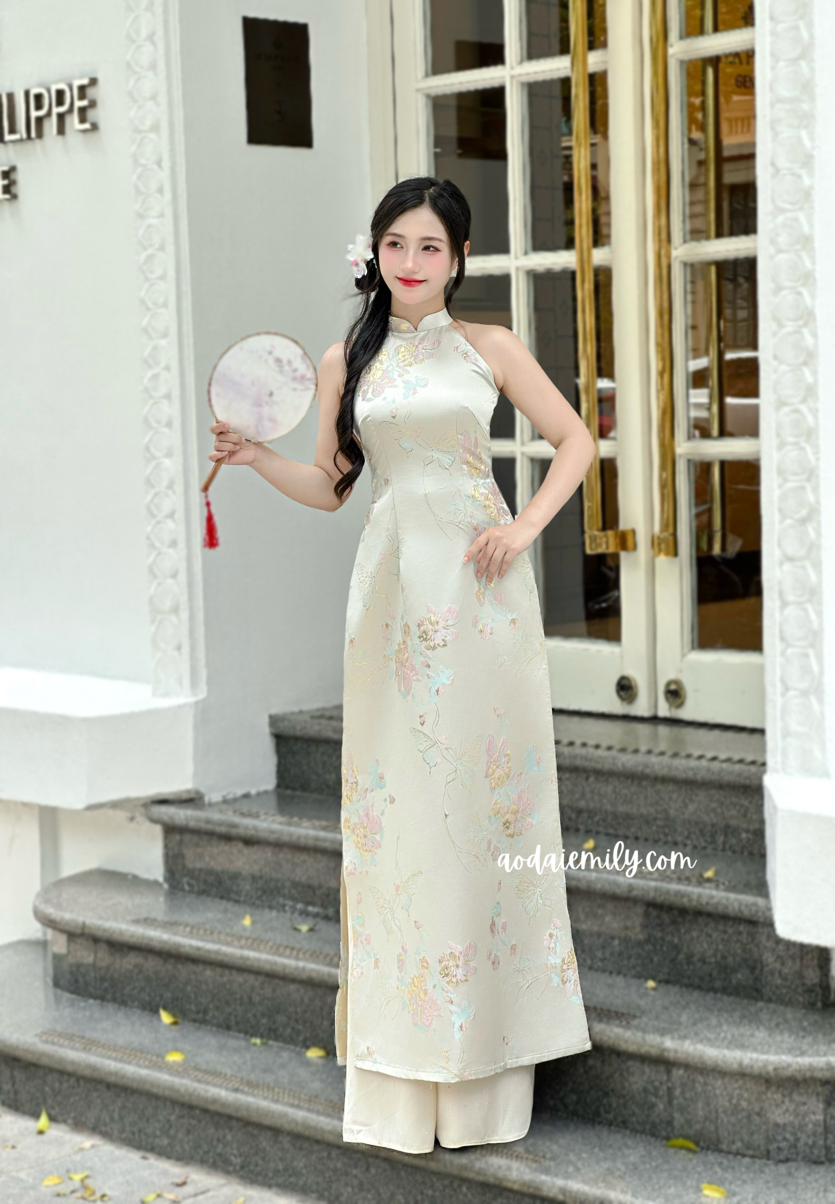 Beige Sleeveless Taffeta Spring patterns Pre made ao dai| Black eyed Susan