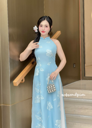 Blue Modern Sleeveless ao dai with embroidery