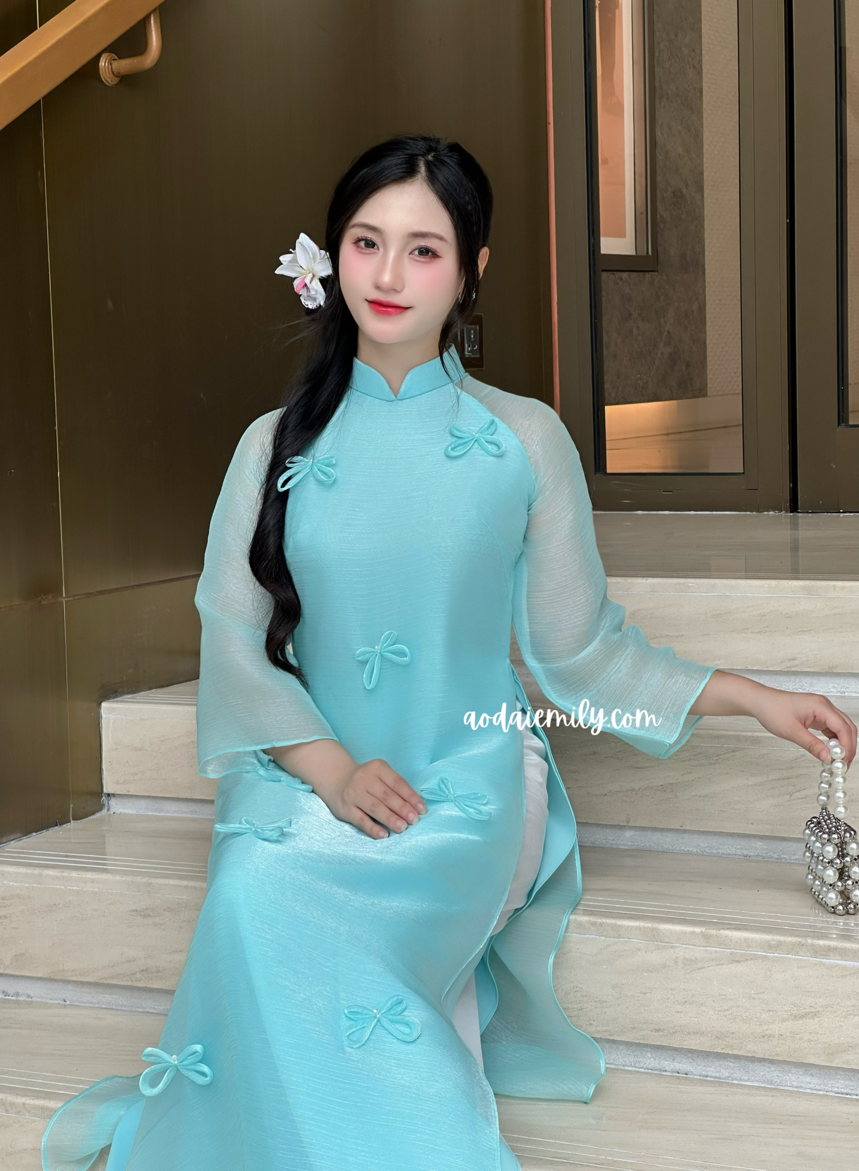 Blue Cutie bows with pearls modern ao dai