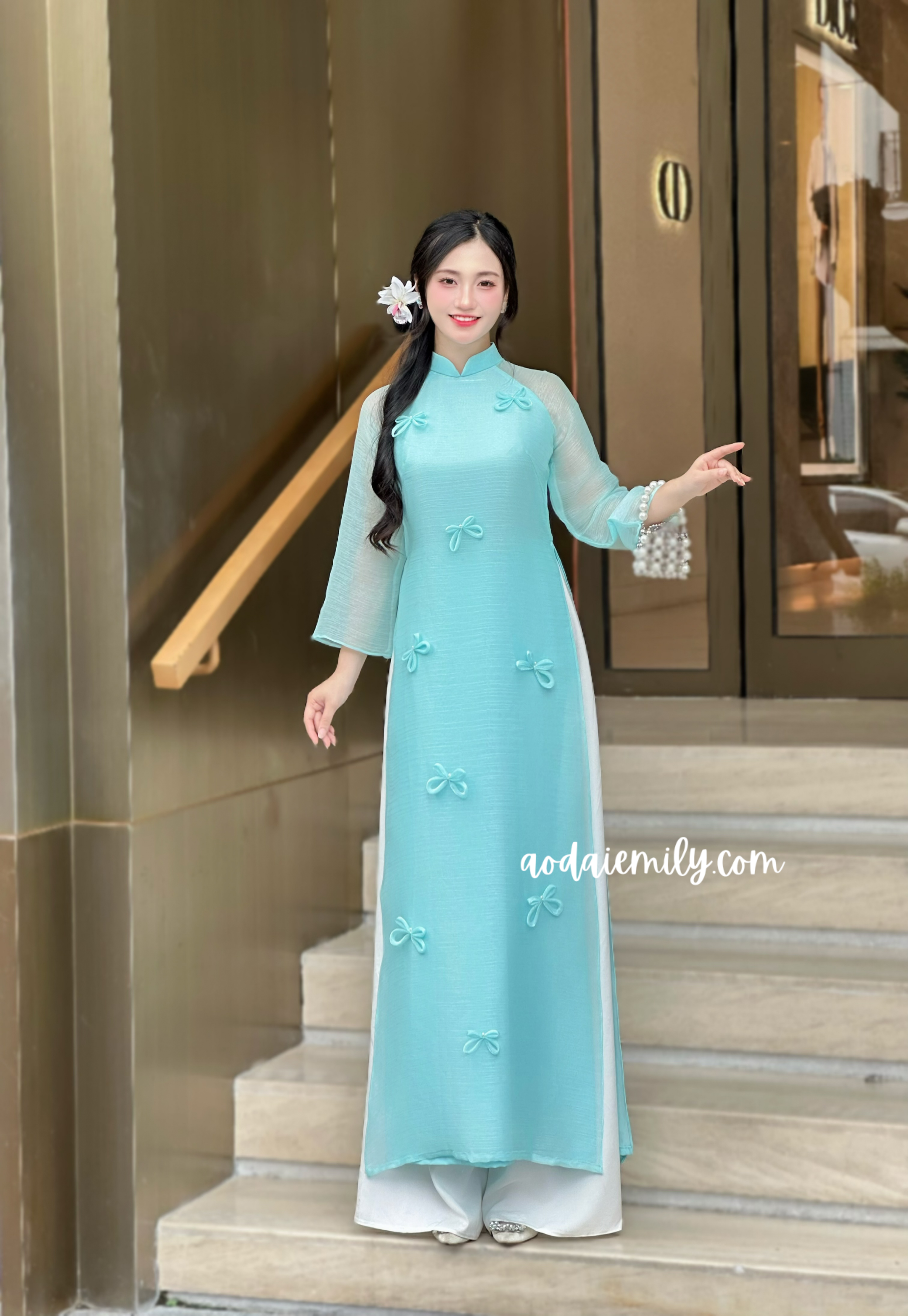 Blue Cutie bows with pearls modern ao dai