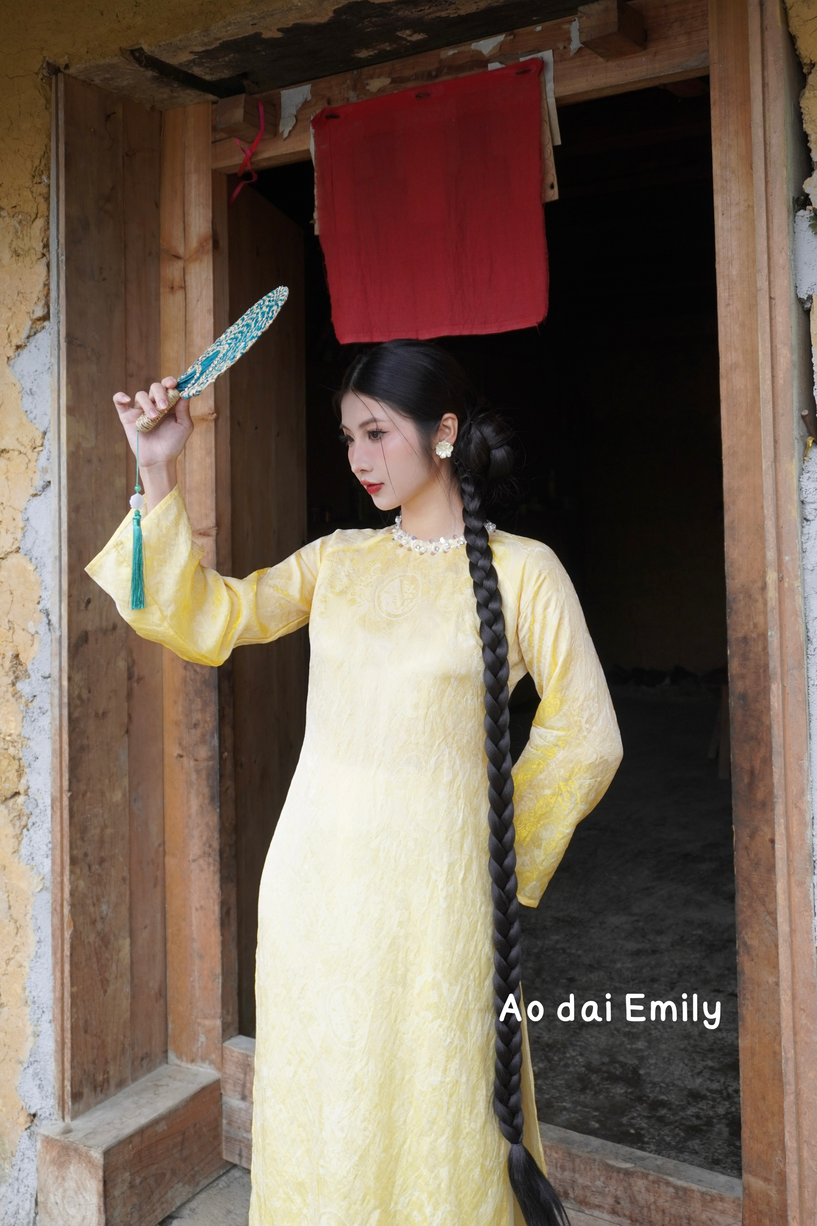 Modern Yellow Loosing style ao dai with crystal round collar| Clematis