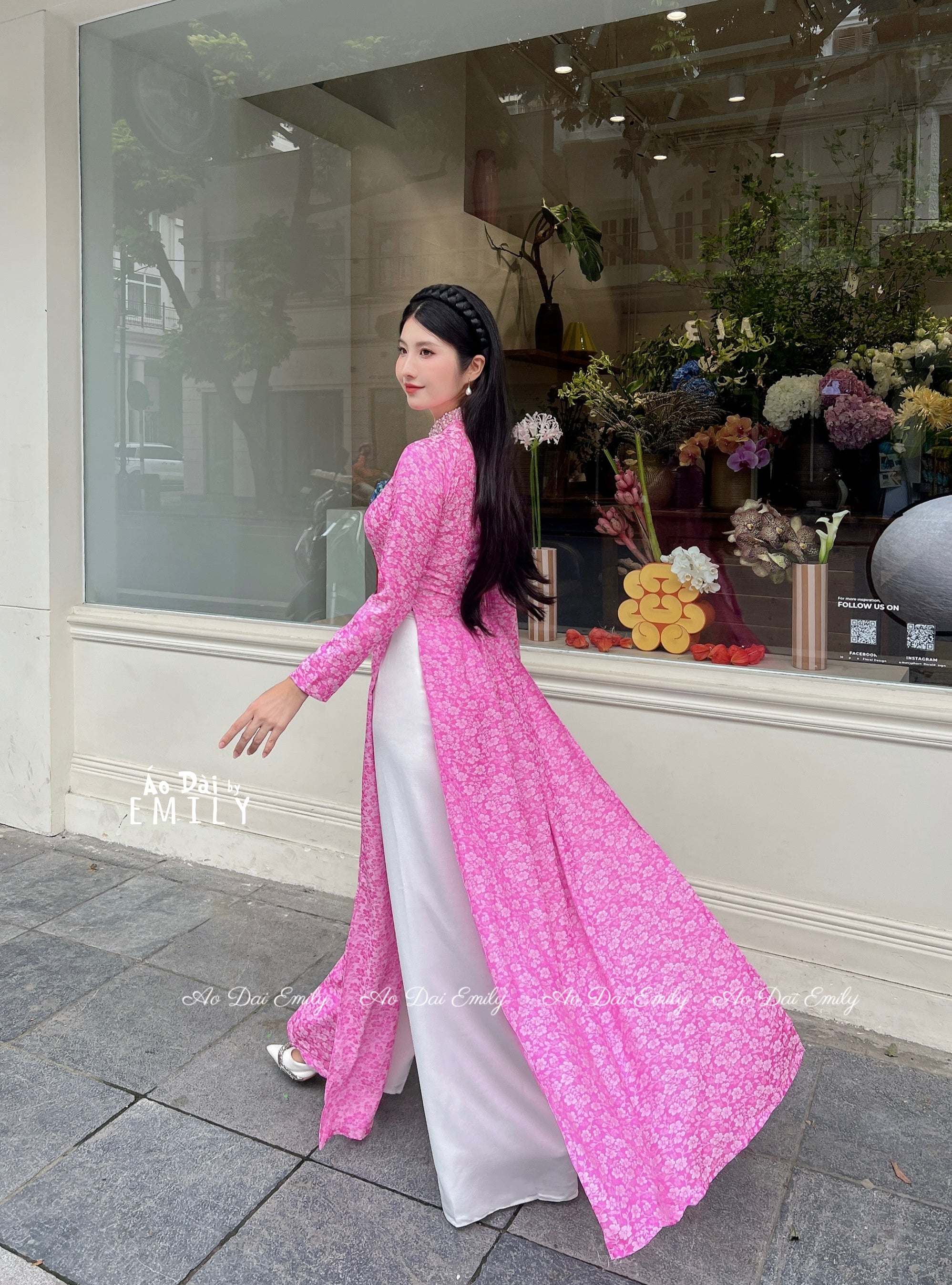 Pink áo dài| with crystals and pearls