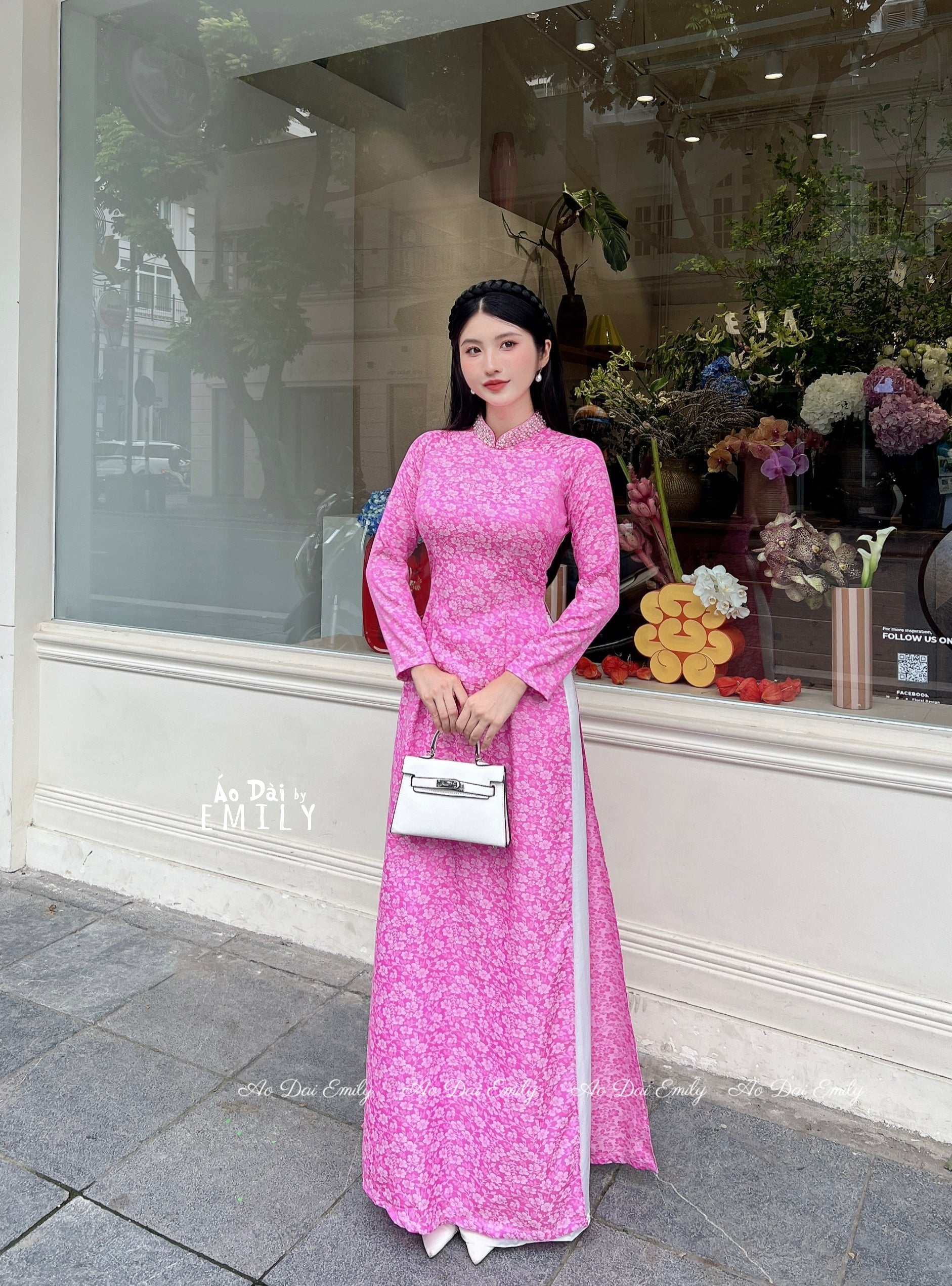 Pink áo dài| with crystals and pearls