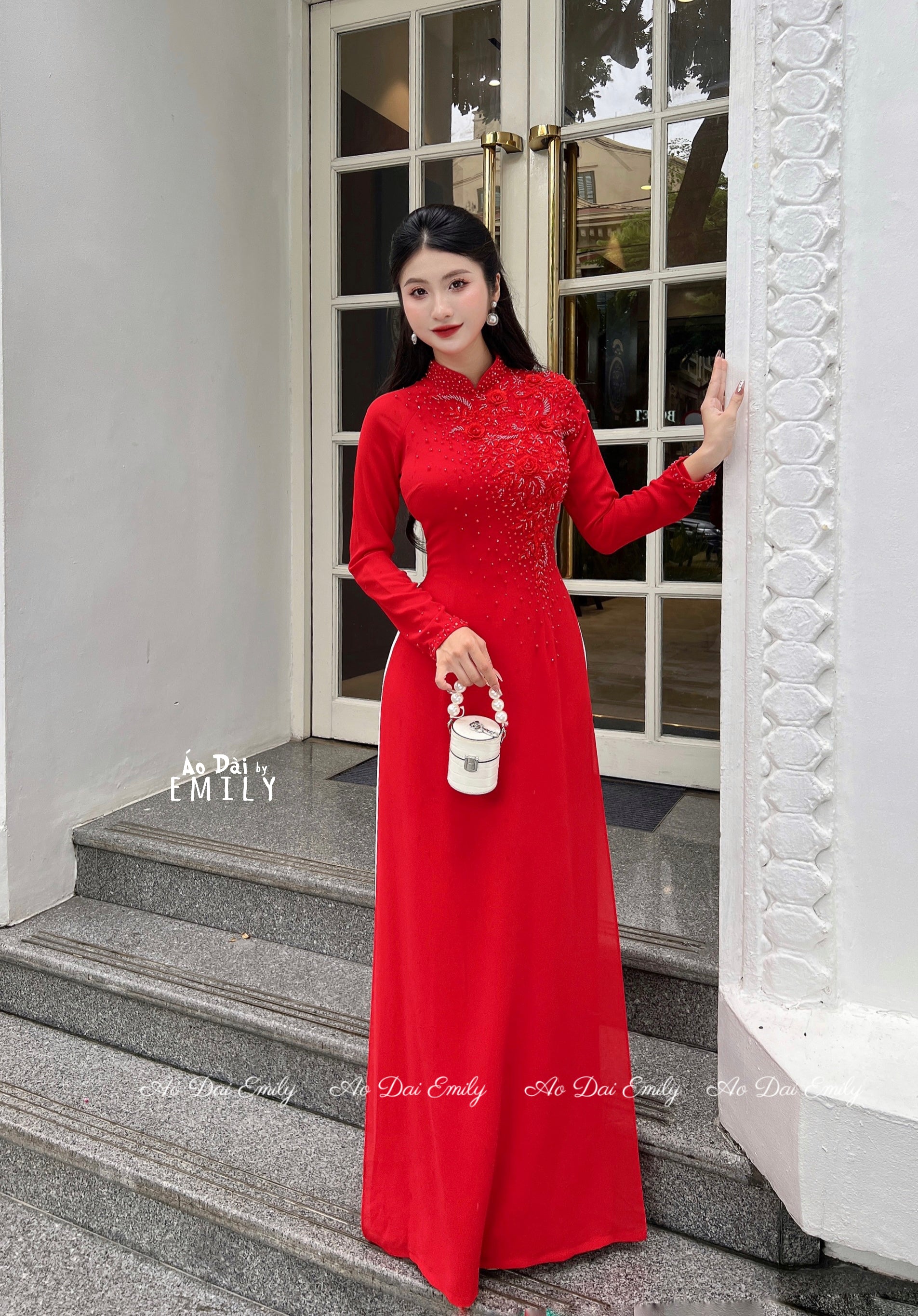 Ao dai with crystals and 3D flowers| Wishbone Flower