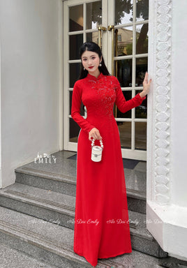 FLORA Ao dai with crystals, pearls and 3D flowers