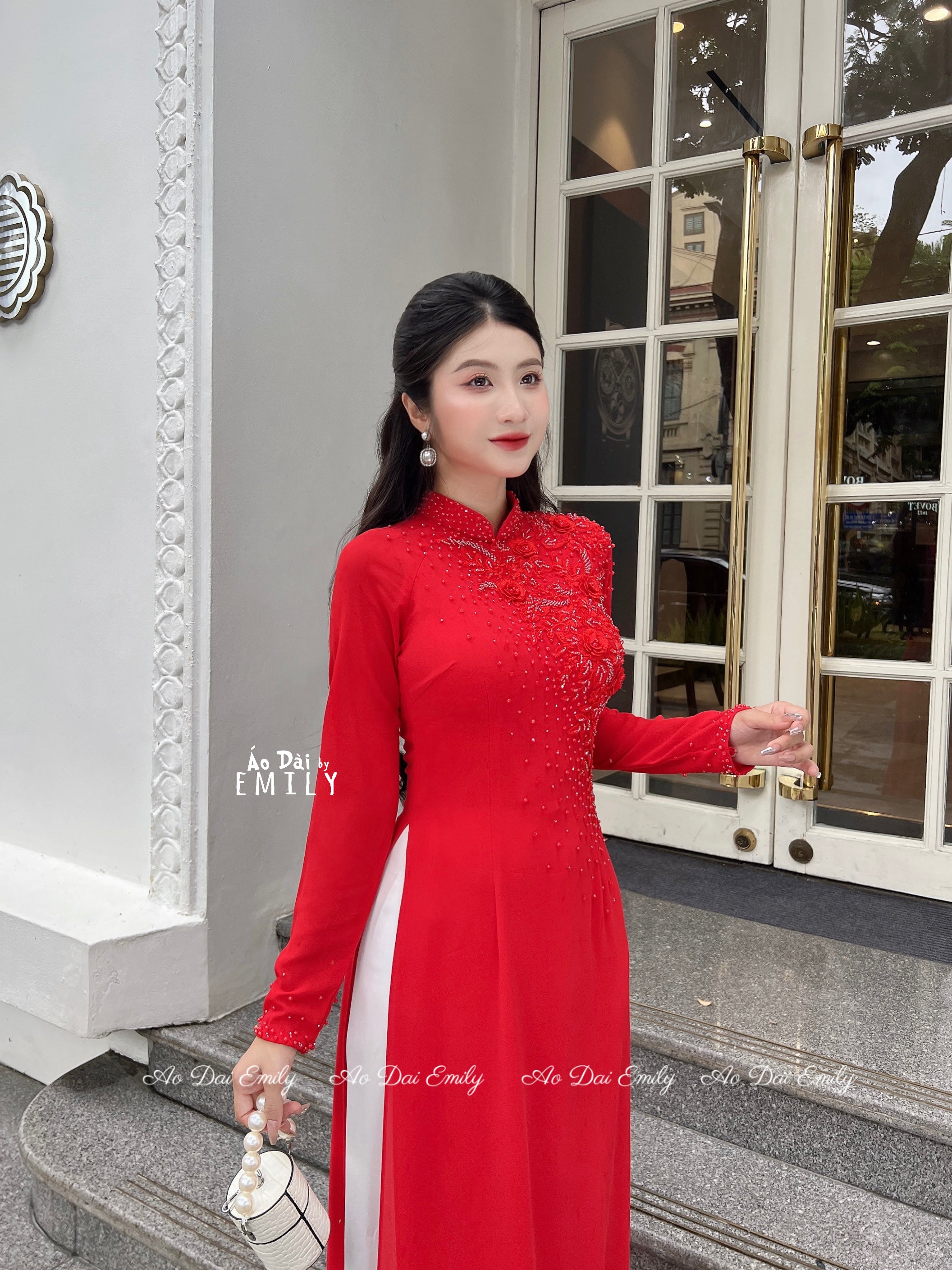 Ao dai with crystals and 3D flowers| Wishbone Flower