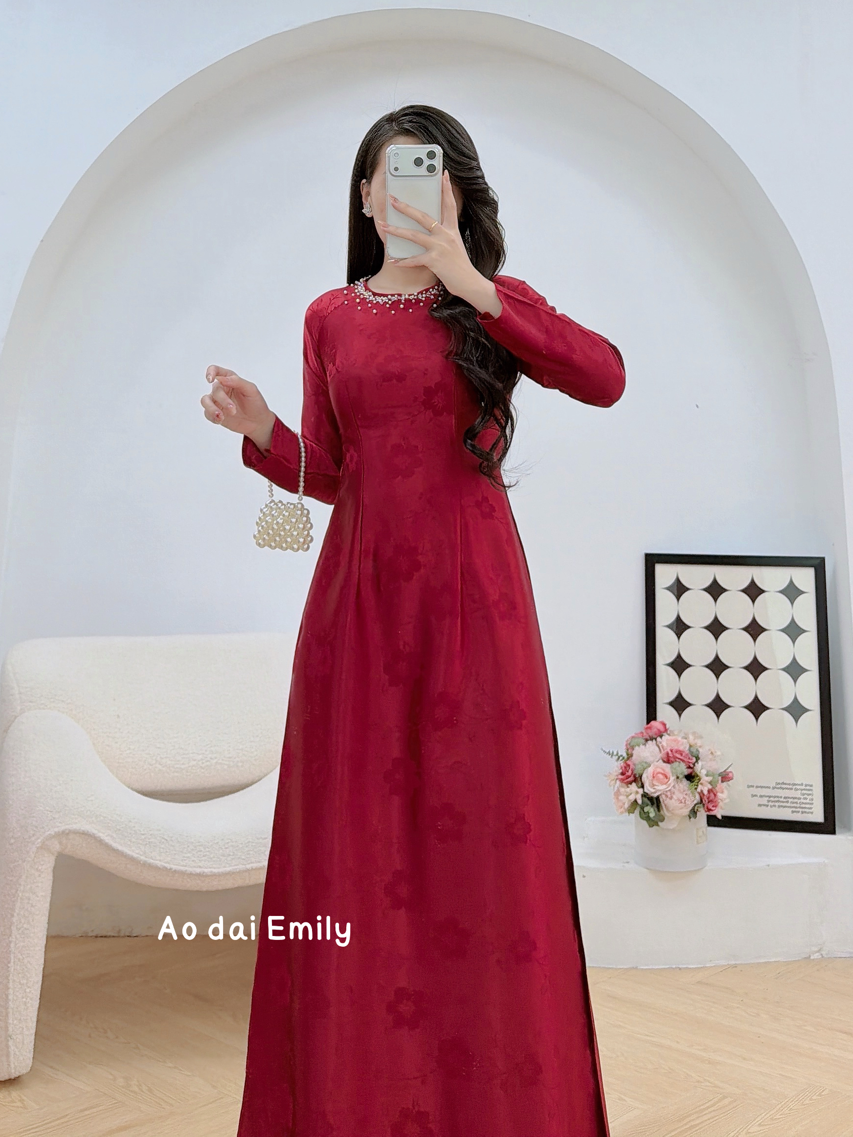 Burgundy Ao Dai Gấm with crystals collar| Beauty bush